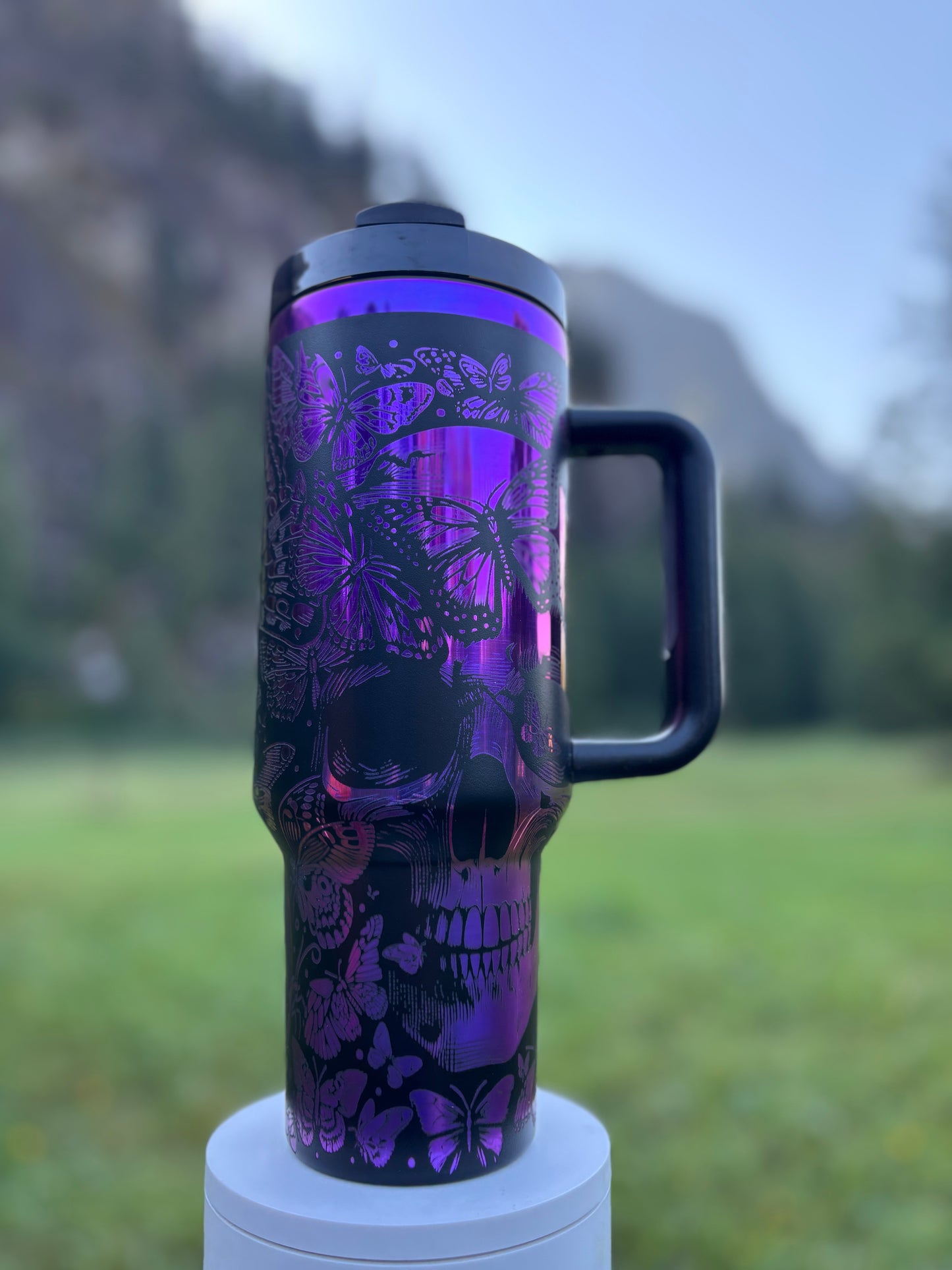 Skulls & Butterflies- 40oz black/purple laser engraved Tumbler