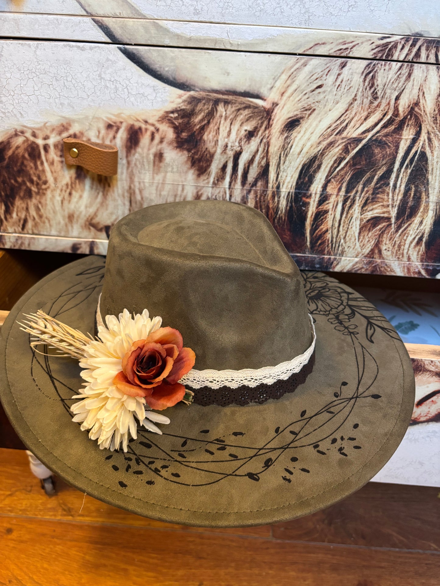 Wild Flowers & Wild Horses- wide brim fedora hat