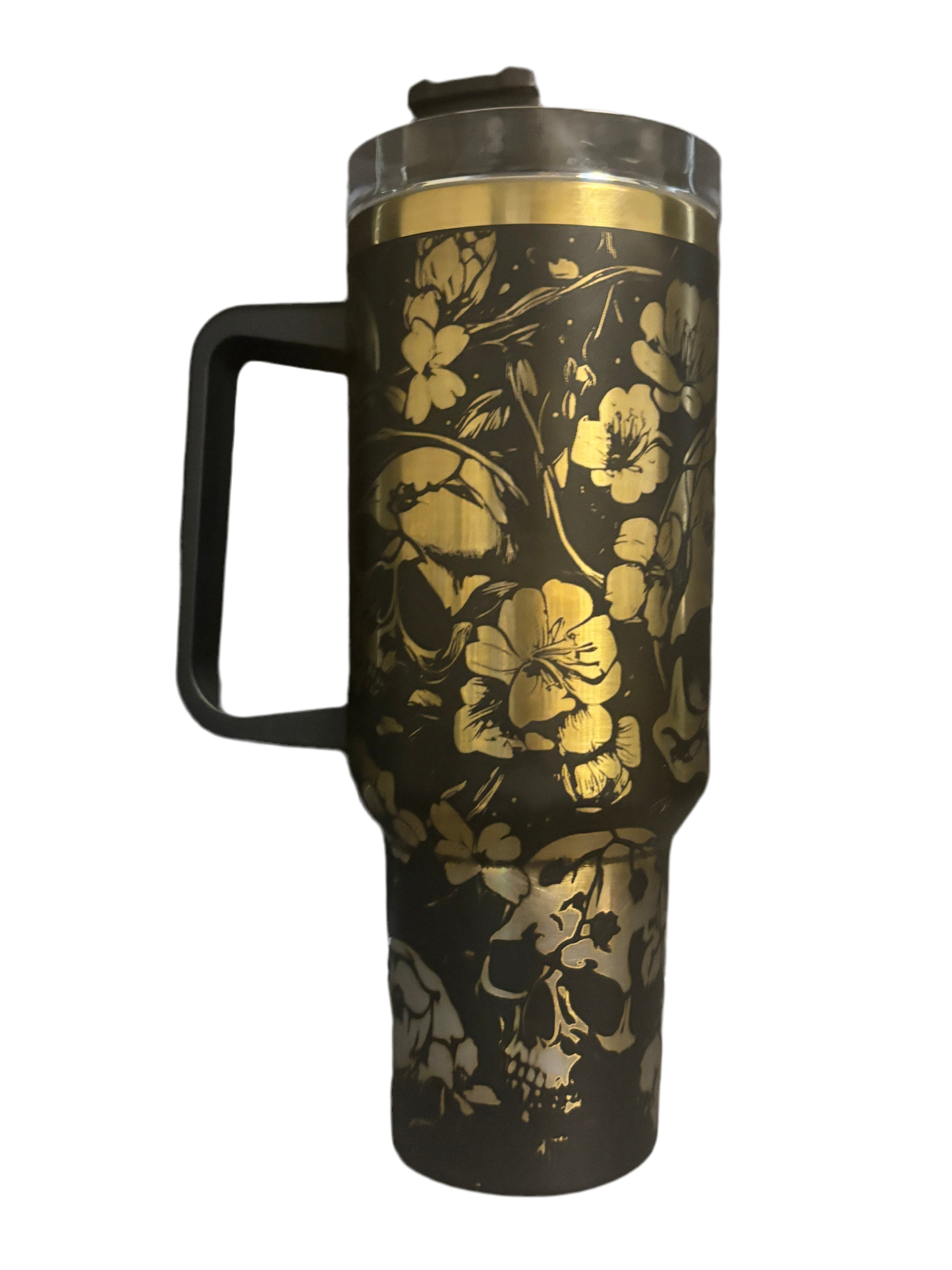 Skulls & Flowers 40oz black/gold laser engraved Tumble