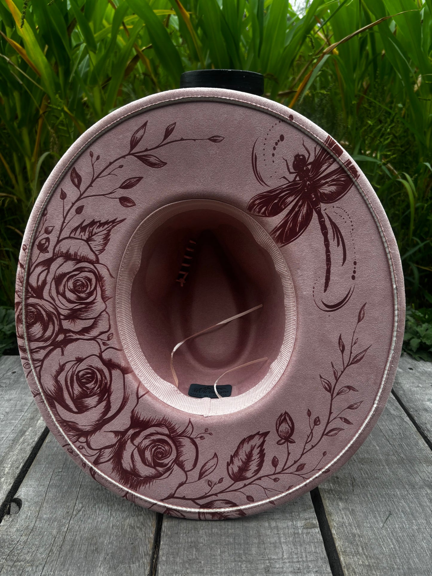 Dragonfly Darling - hand burned wide brim fedora hat