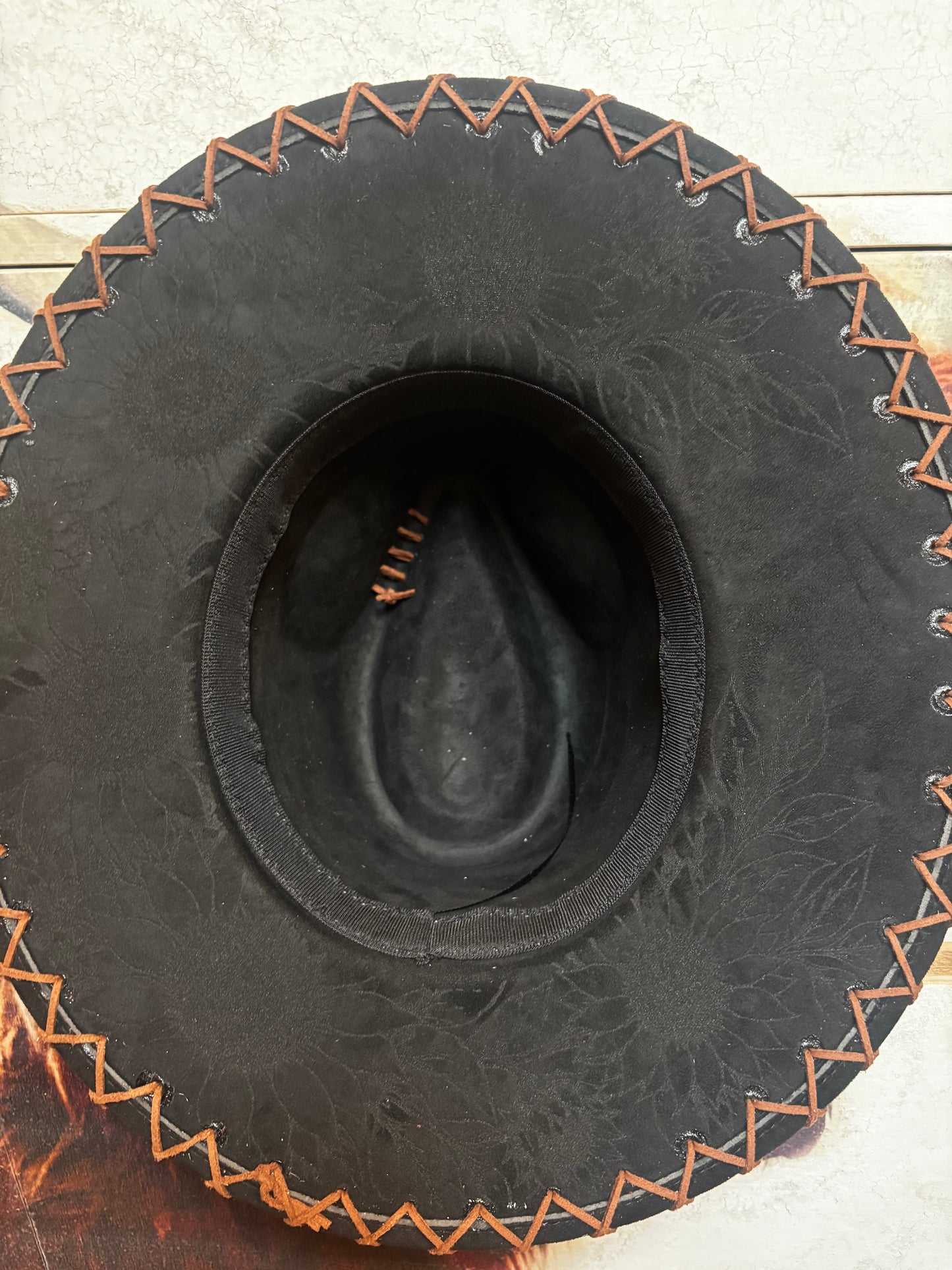 Wide Brim Fedora Hat - Love Her But Leave Her Wild - Engraved Cowhide black rancher