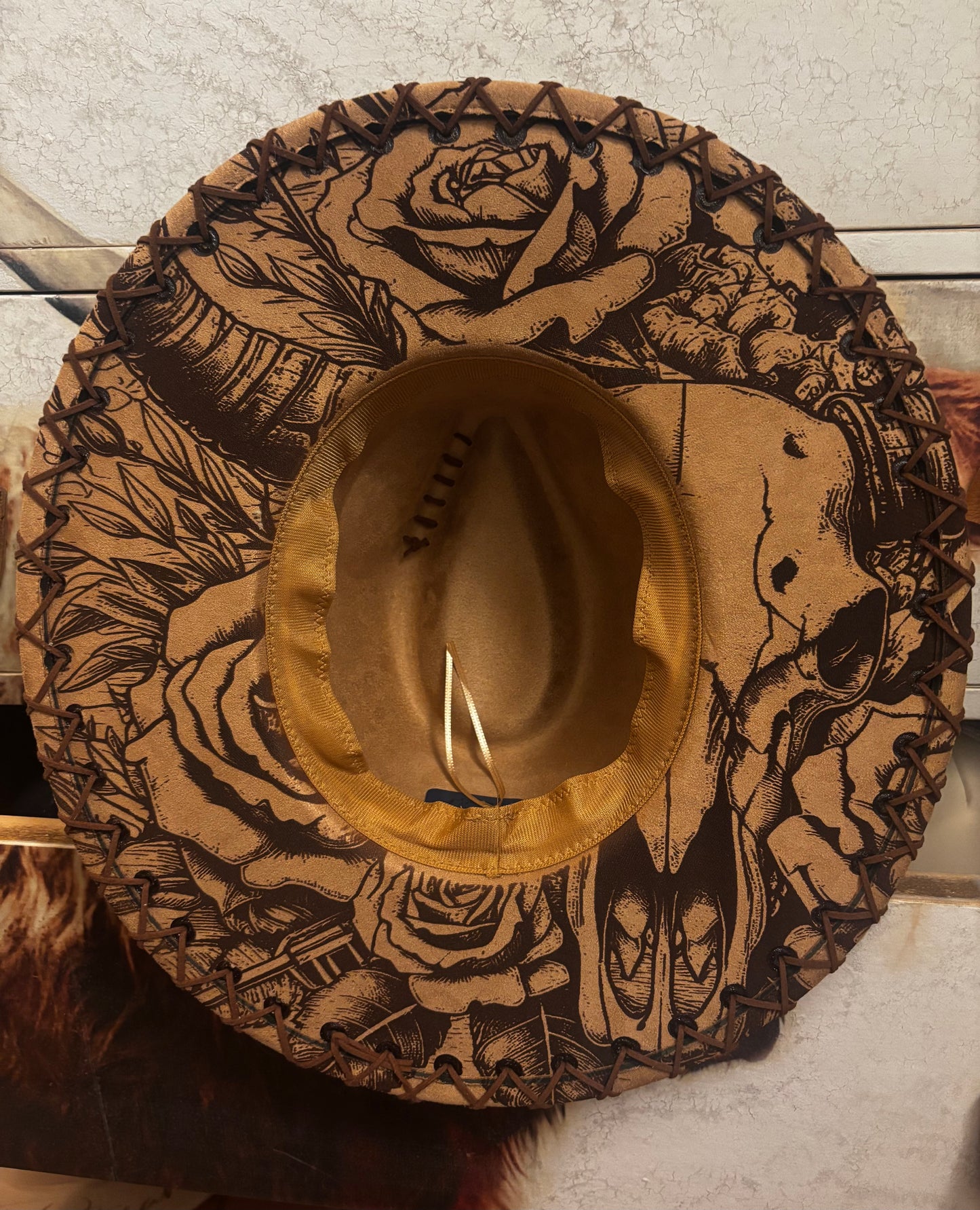 Wide Brim Fedora Hat - Aztec Longhorn Skull- Engraved Cowhide