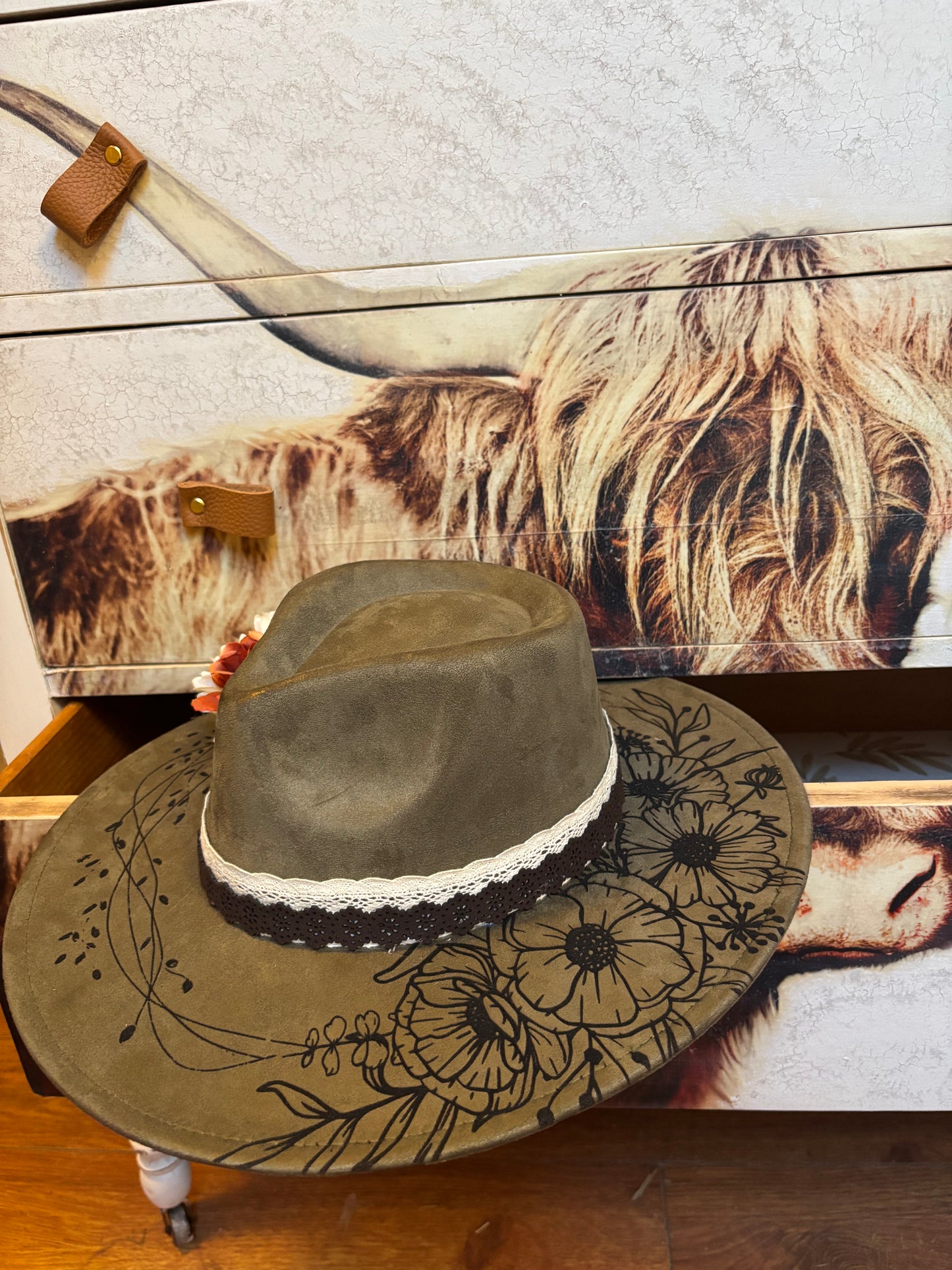 Wild Flowers & Wild Horses- wide brim fedora hat