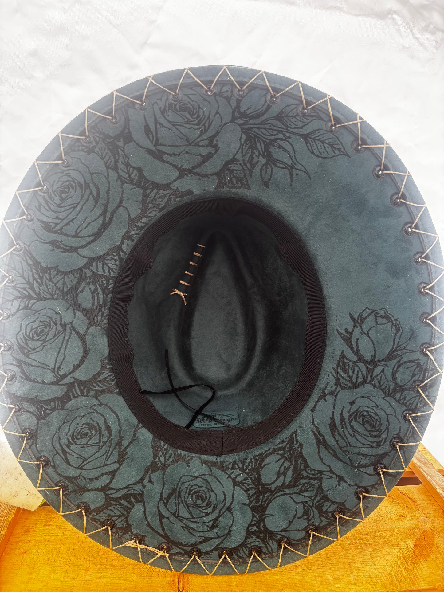 Wide Brim Fedora Hat - Aztec Longhorn Skull- Engraved Cowhide Teal rancher
