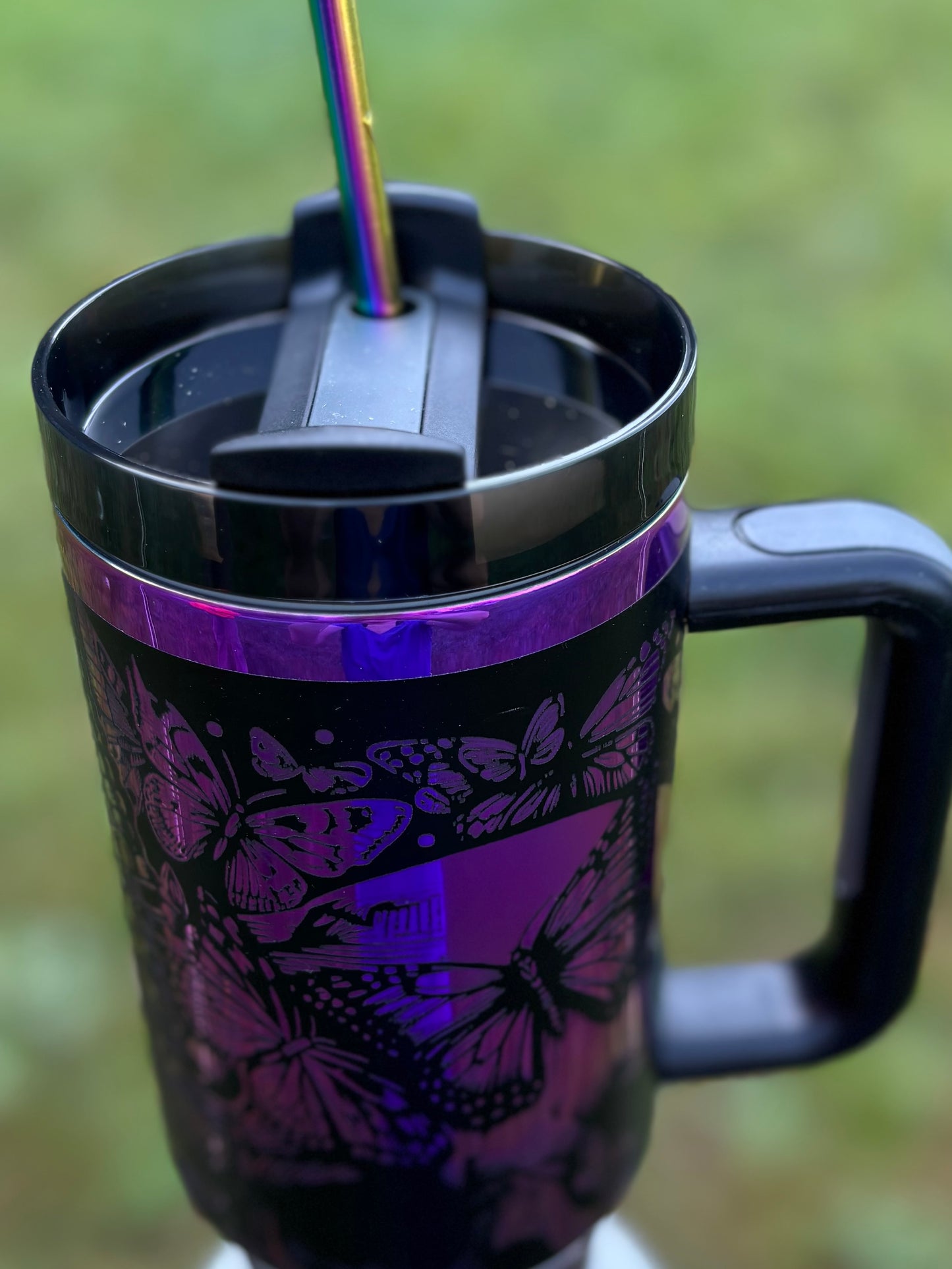 Skulls & Butterflies- 40oz black/purple laser engraved Tumbler