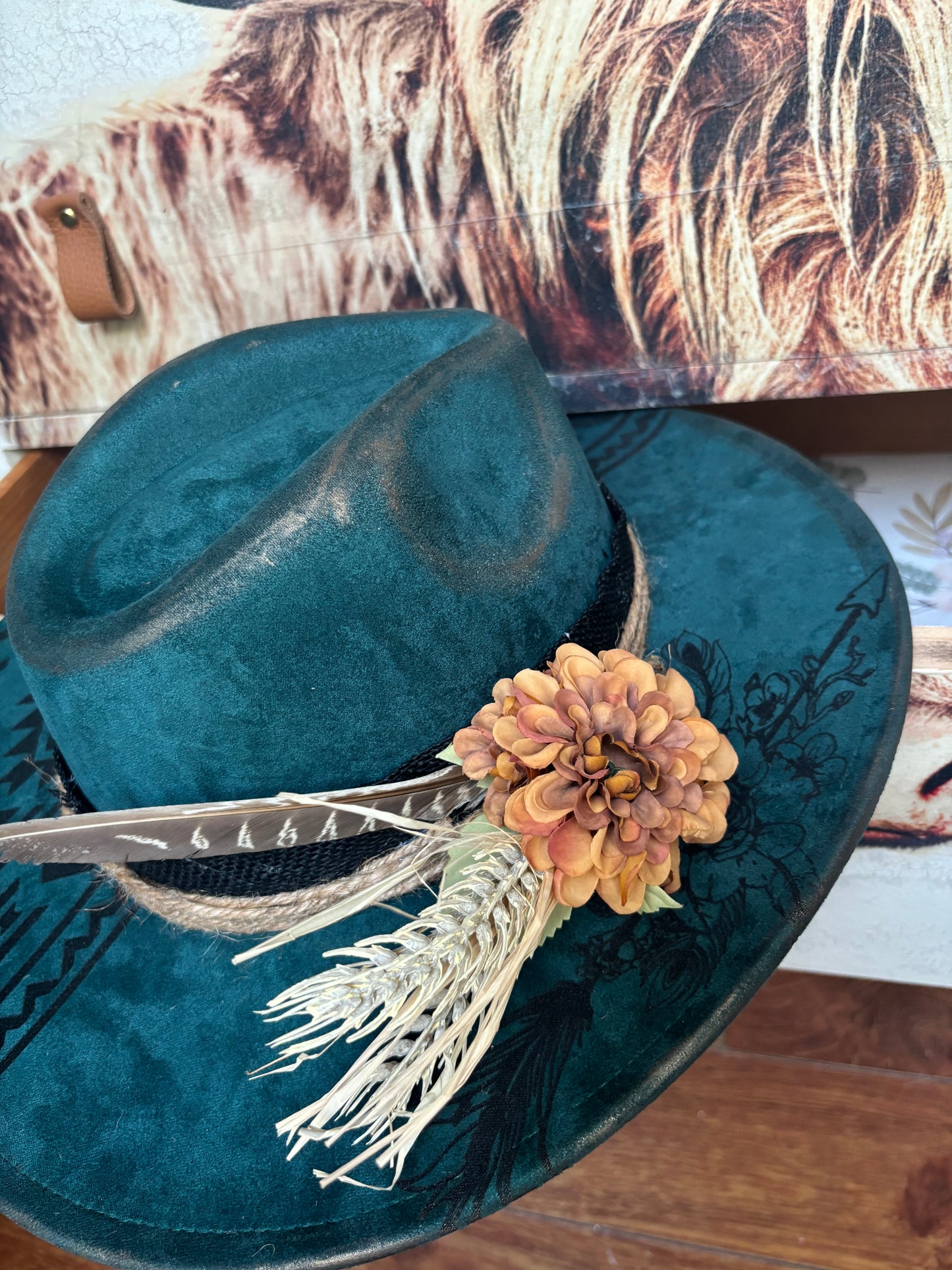 Aztec Longhorn Skull - wide brim fedora hat