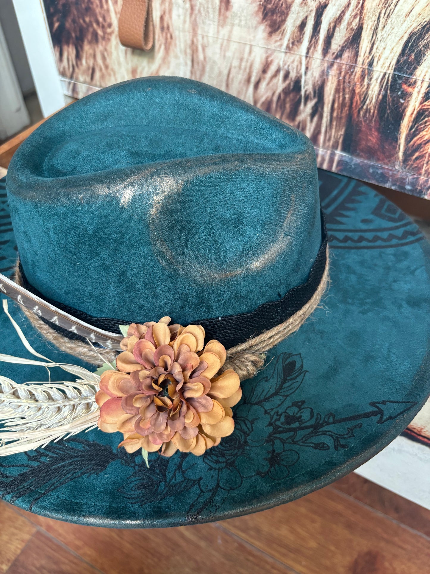 Aztec Longhorn Skull - wide brim fedora hat