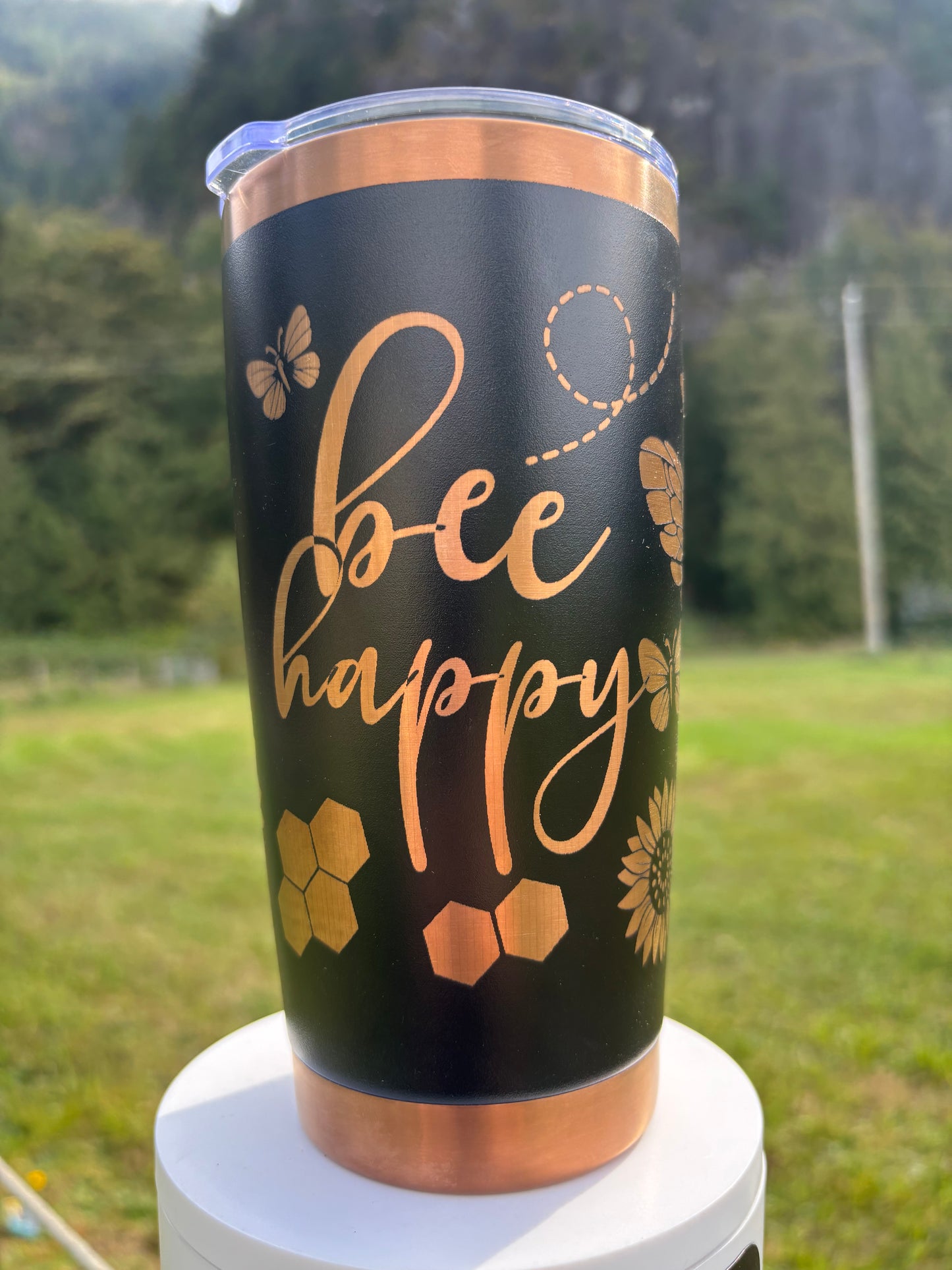 Bee Happy (black/copper)- 20oz Laser Engraved Tumbler