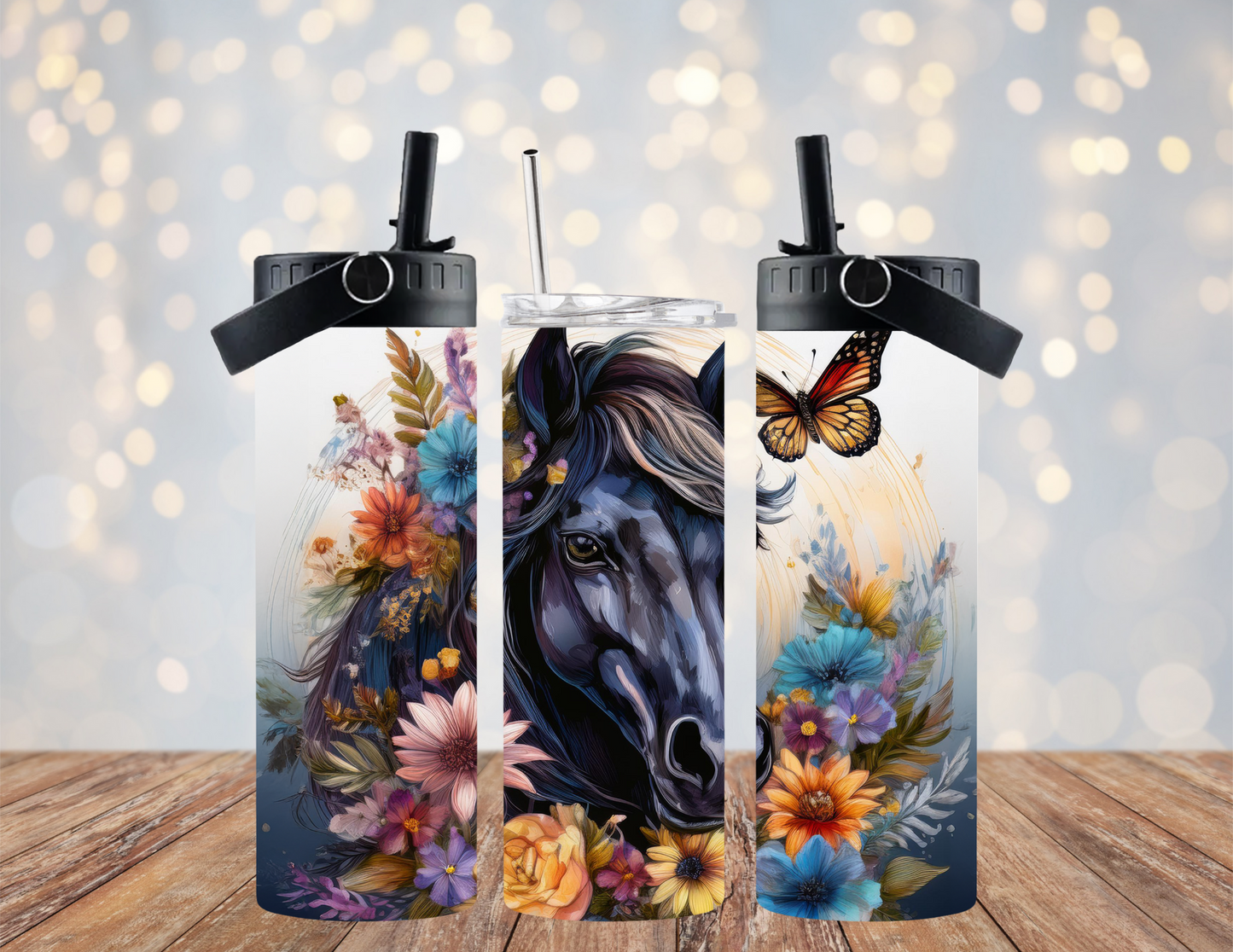 Horse - black floral 1 - 20oz Dual Lid Tumbler