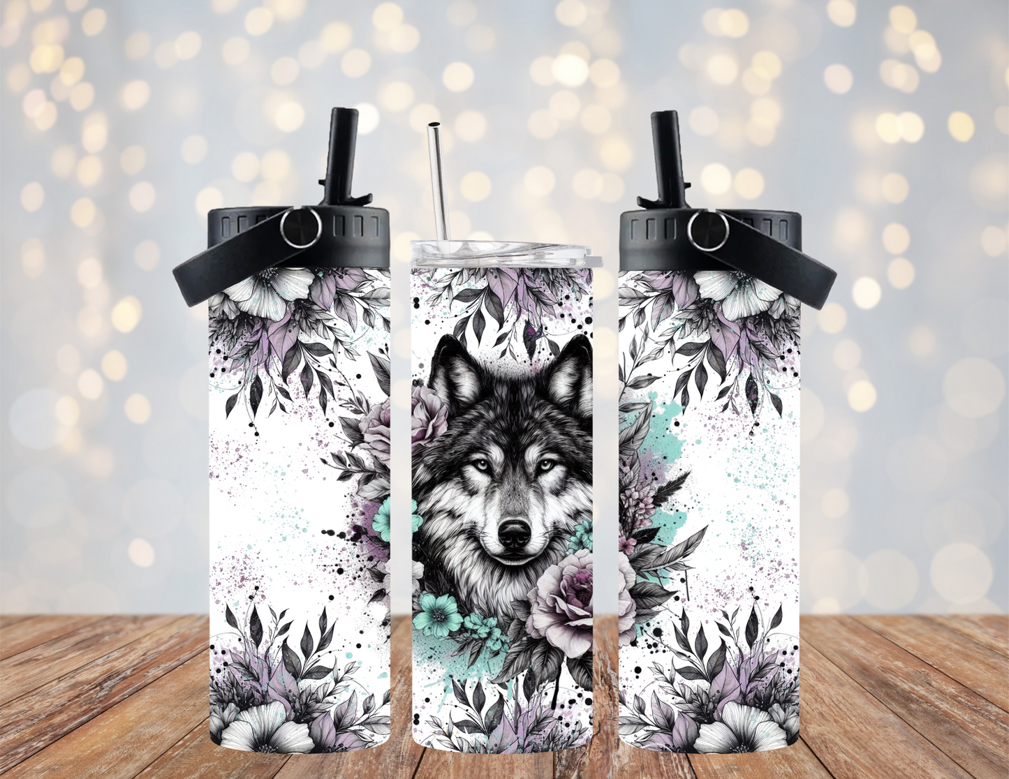 Wolf - Purple Flowers - 20oz Dual Lid Tumbler