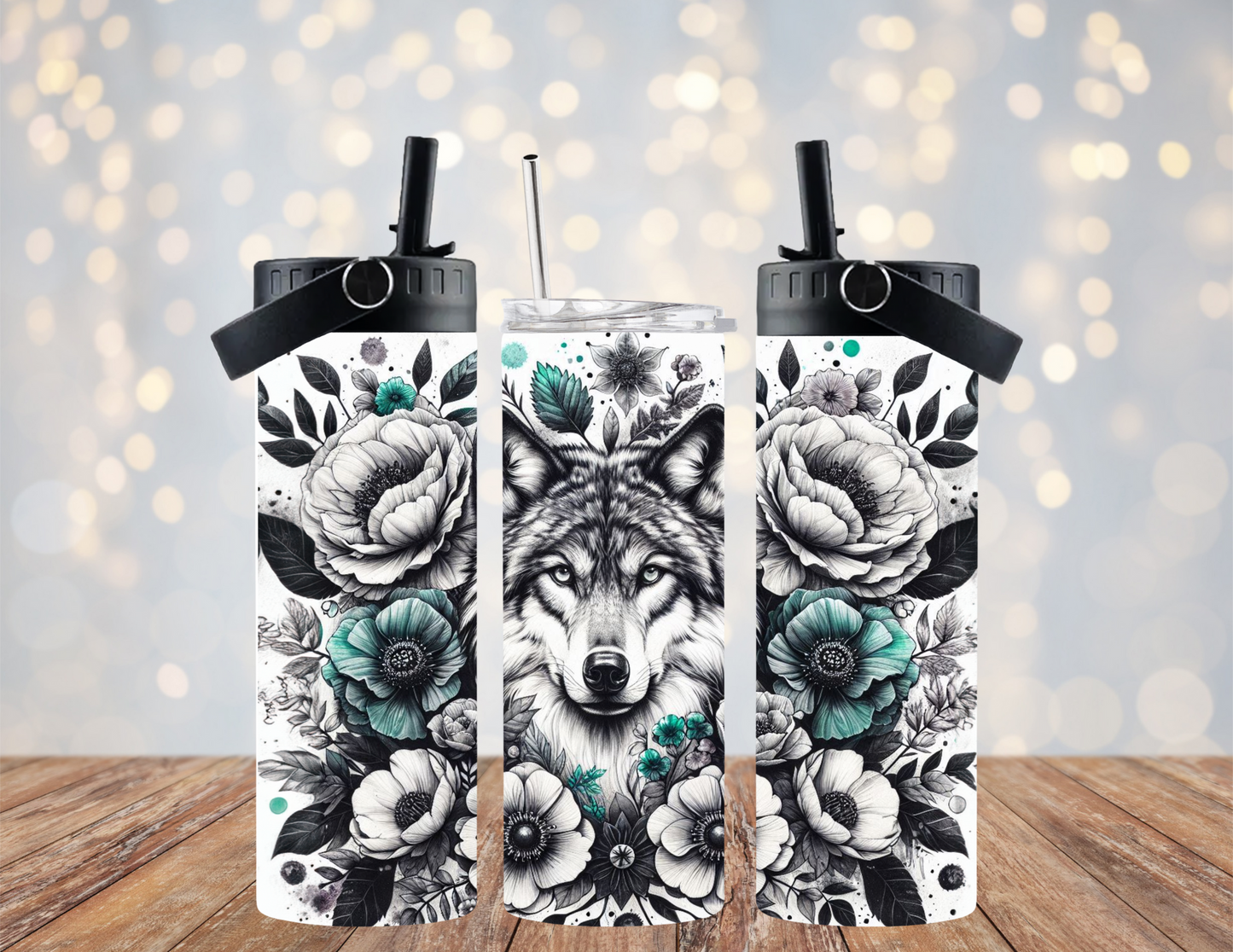 Wolf -Turquoise Flowers - 20oz Dual Lid Tumbler