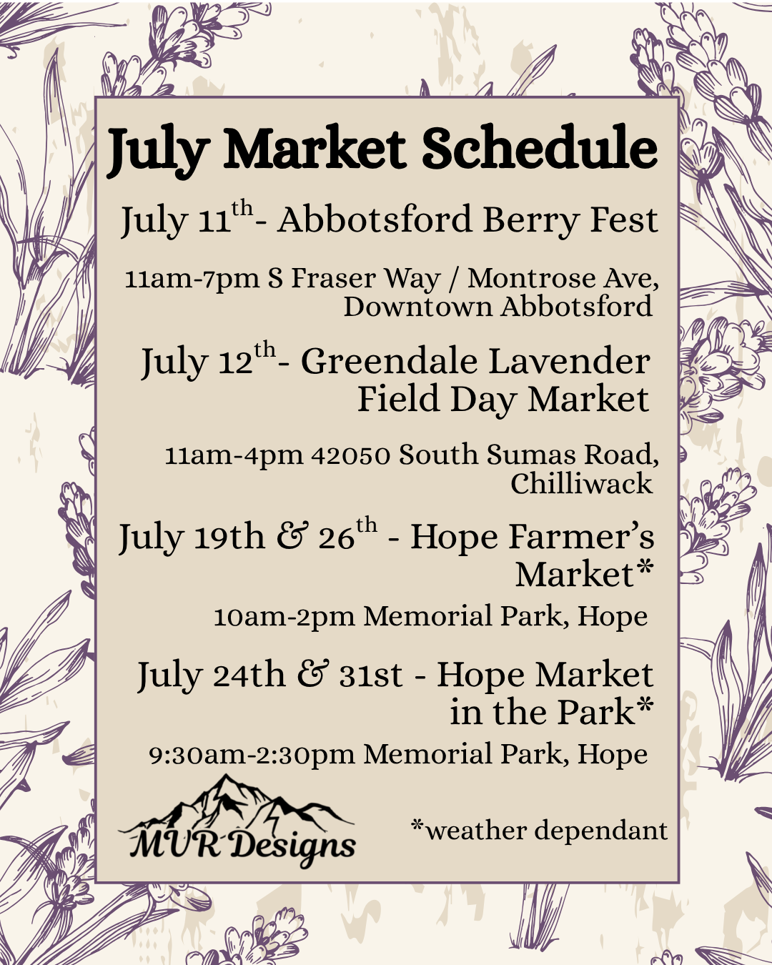 Come Meet Me In Person! July Market Schedule
