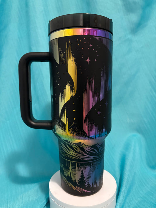 Northern Lights- 40oz black/oil slick laser engraved Tumbler