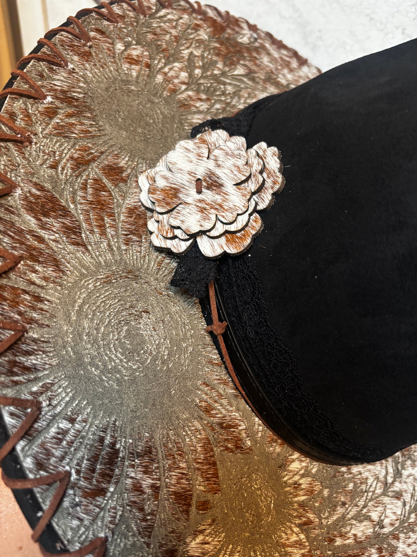 Wide Brim Fedora Hat - Love Her But Leave Her Wild -  Engraved Cowhide black rancher
