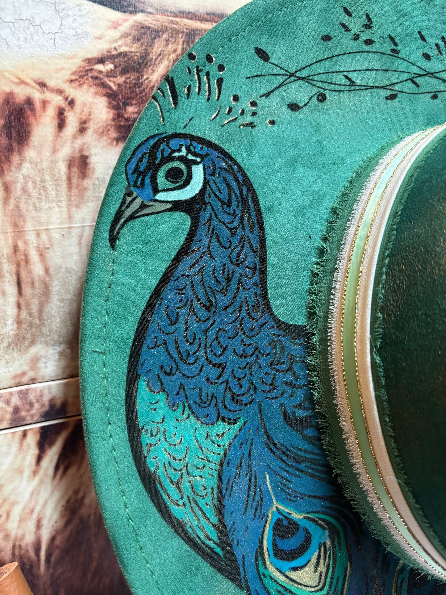 Peacock (hand painted) - wide brim fedora hat