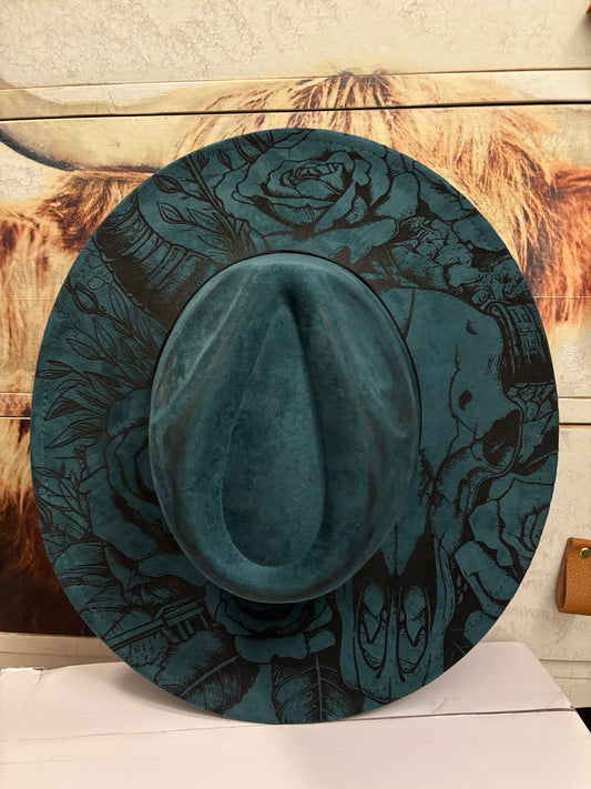 Reversed Aztec Longhorn Skull II- wide brim fedora hat
