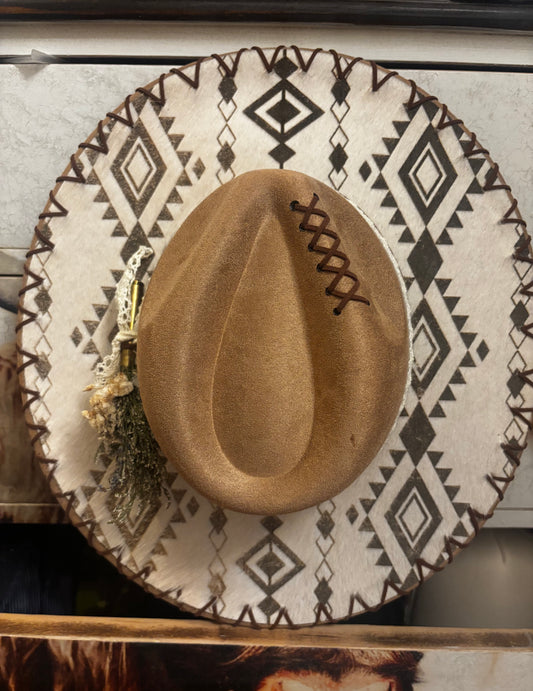Wide Brim Fedora Hat - Aztec Longhorn Skull-  Engraved Cowhide