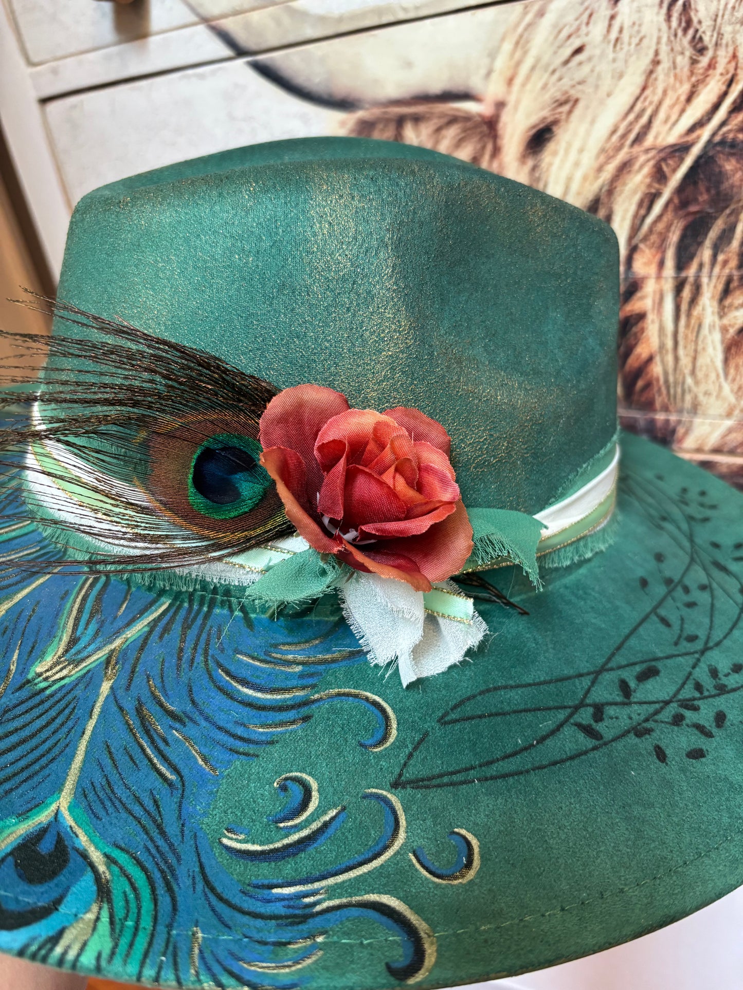 Peacock (hand painted) - wide brim fedora hat