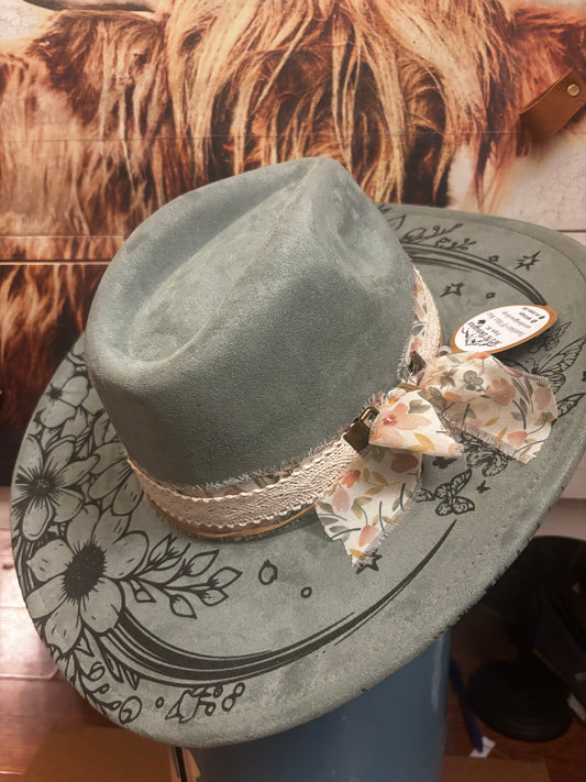 Butterflies on Sage Green - wide brim fedora hat