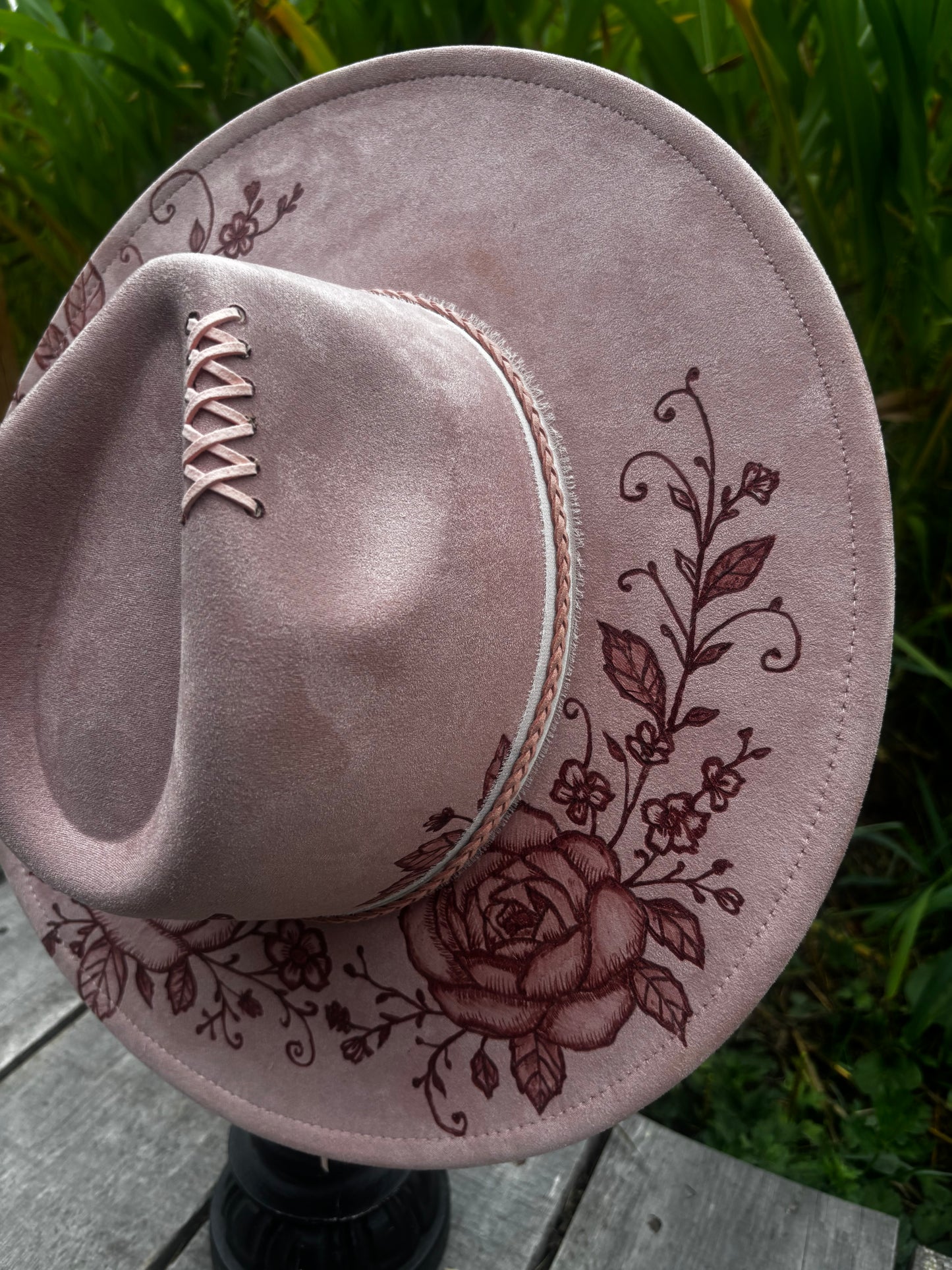 Dragonfly Darling - hand burned wide brim fedora hat