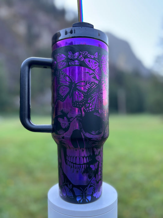 Skulls & Butterflies- 40oz black/purple laser engraved Tumbler