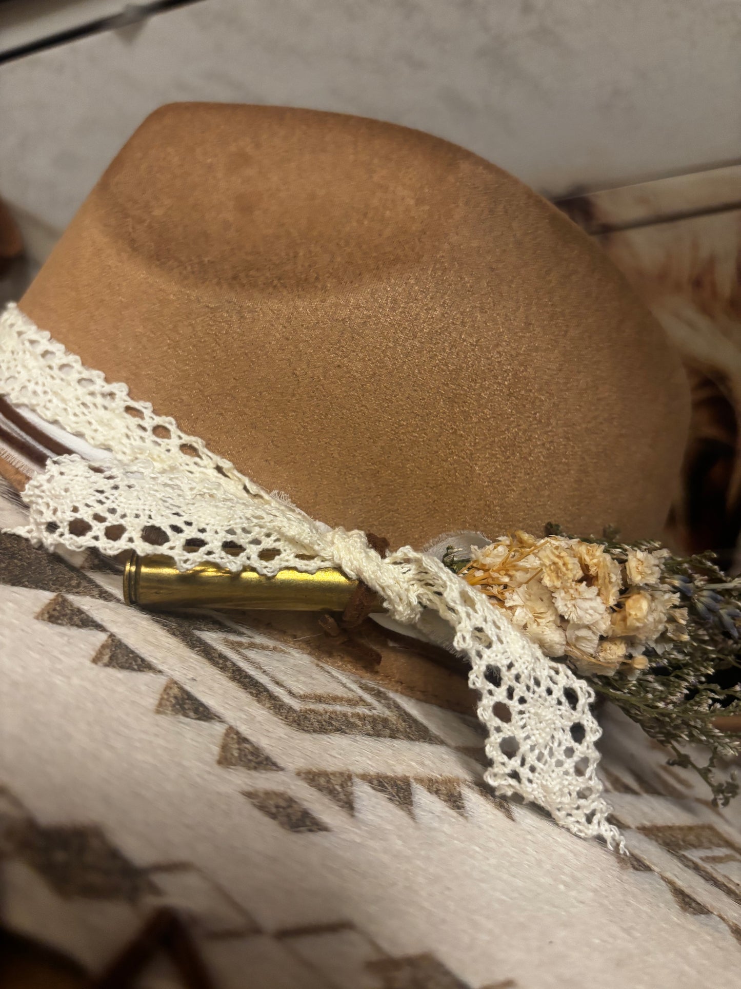 Wide Brim Fedora Hat - Aztec Longhorn Skull-  Engraved Cowhide