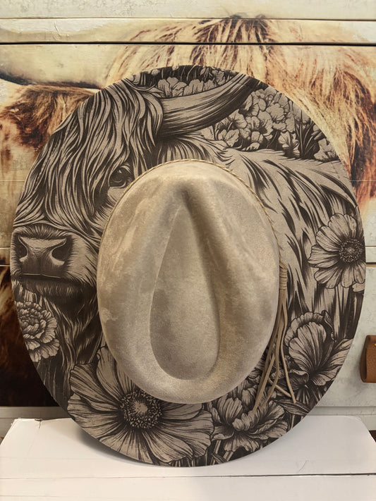 Highland Coo & Roses -wide brim fedora hat