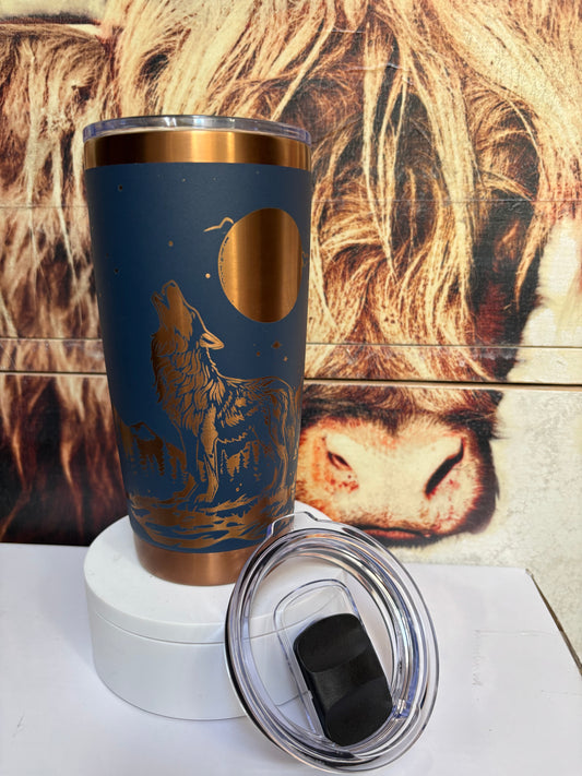 Howling Wolf- (navy/copper)- 20oz Laser Engraved Tumbler