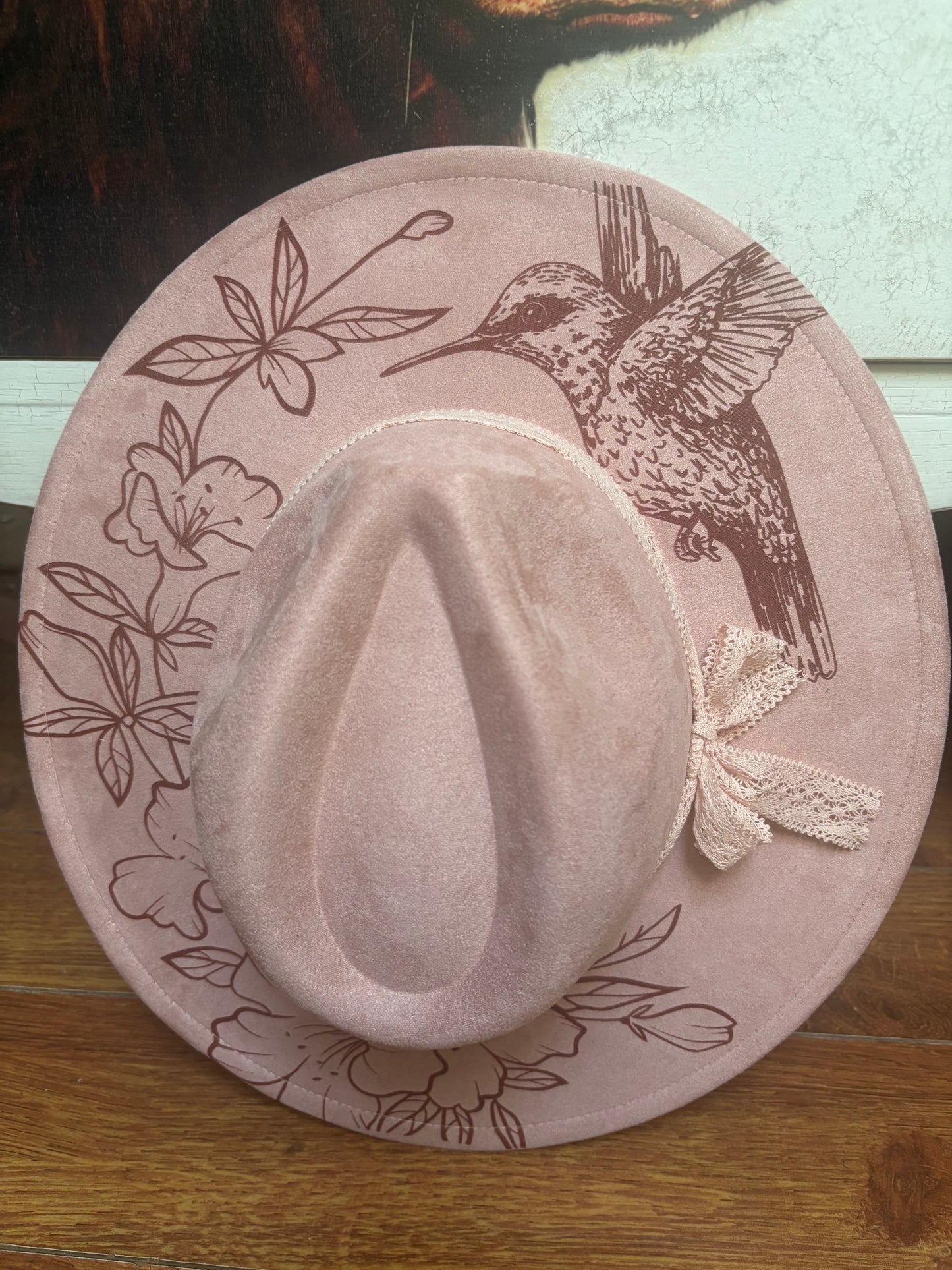 Hummingbird on Dusted Pink- wide brim fedora hat