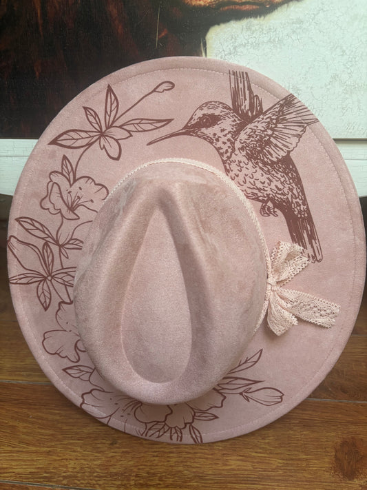 Hummingbird on Dusted Pink- wide brim fedora hat