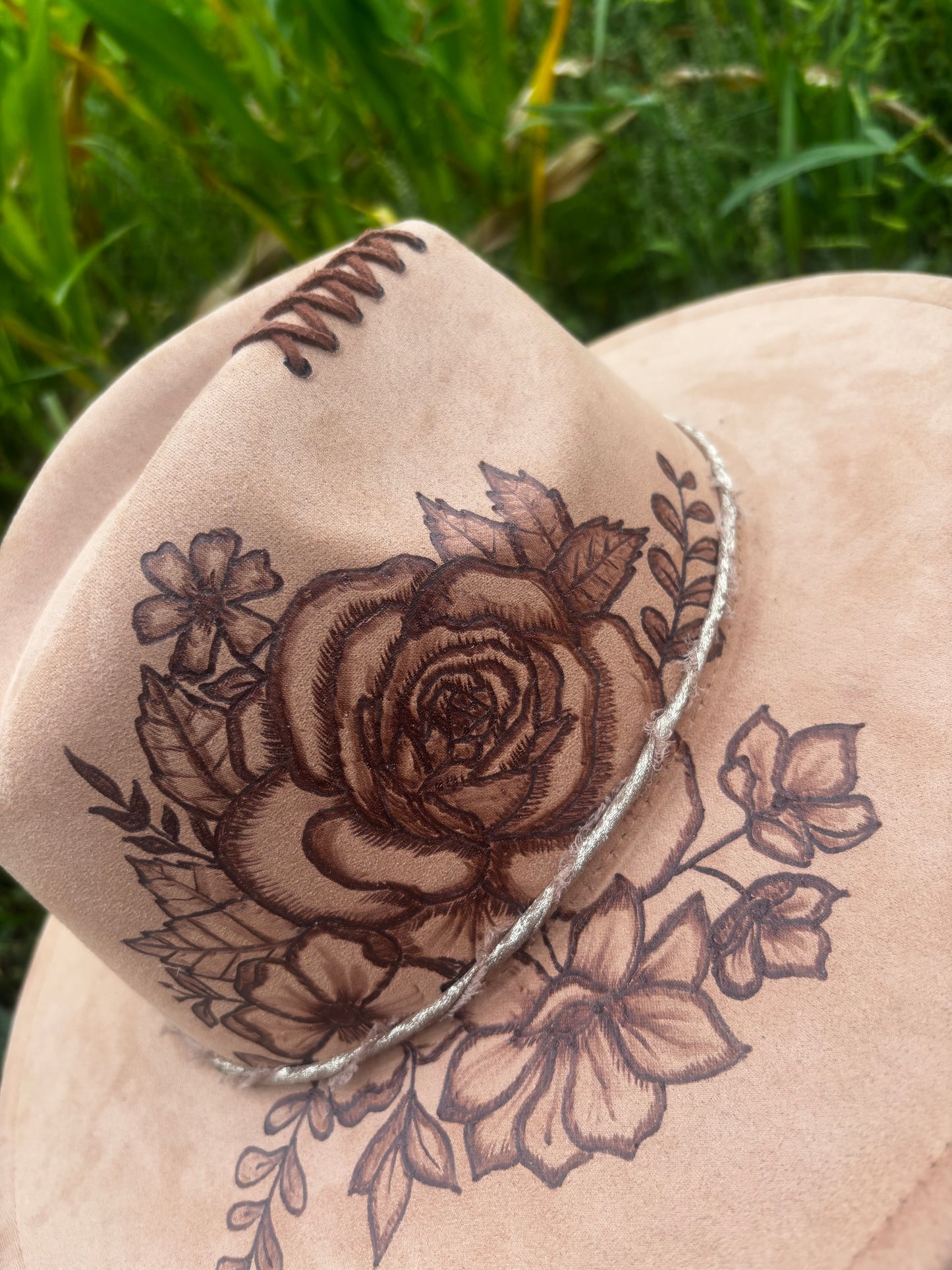 Floral Dream - hand burned wide brim fedora hat