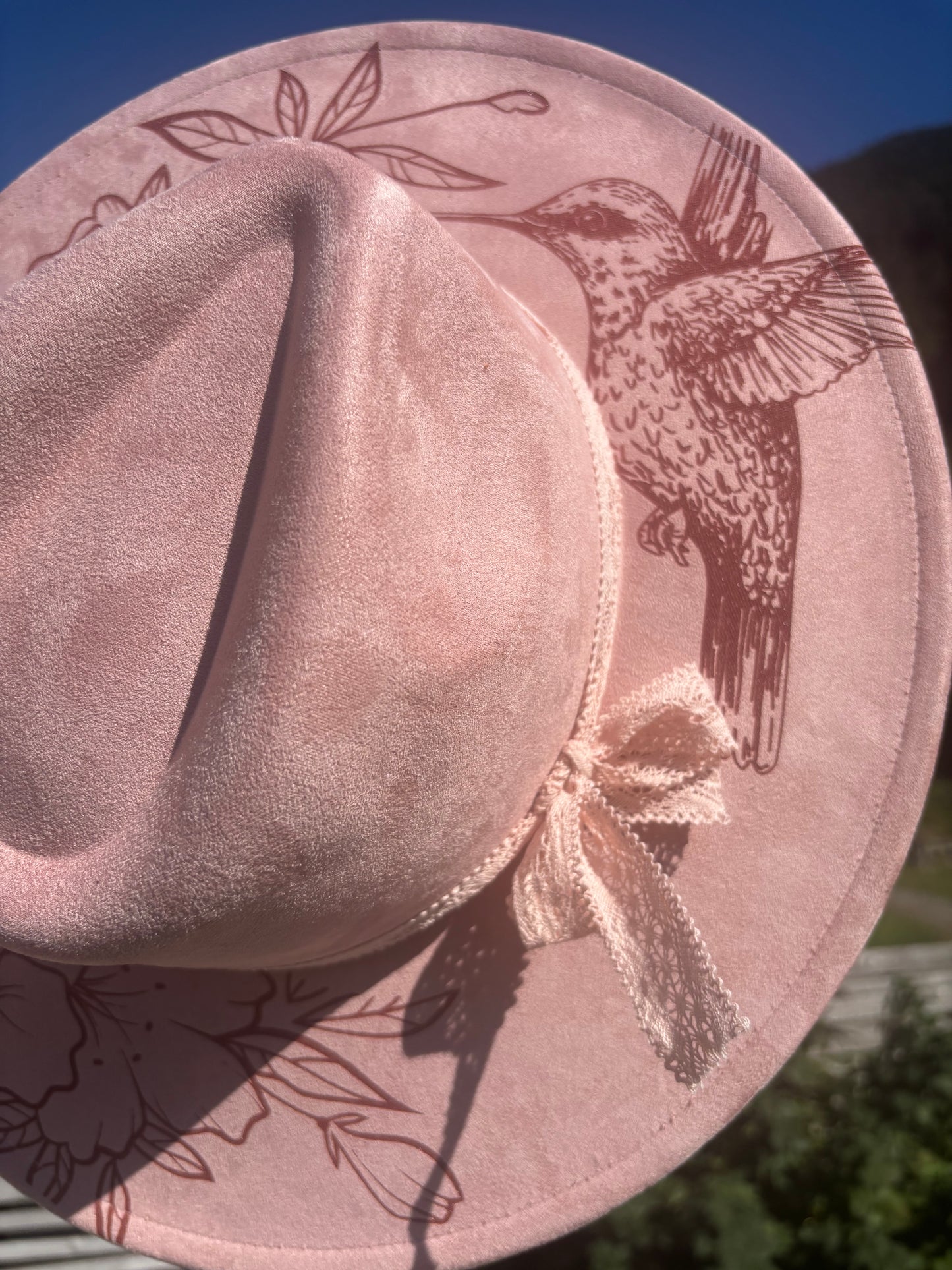 Hummingbird on Dusted Pink- wide brim fedora hat