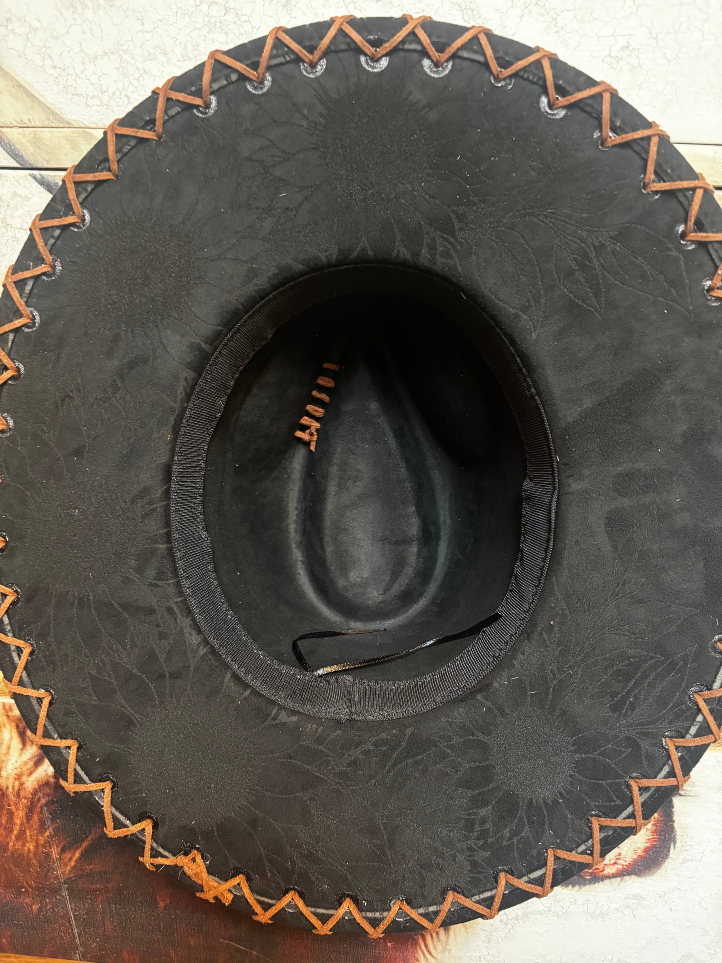 Wide Brim Fedora Hat - Aztec Longhorn Skull-  Engraved Cowhide black rancher