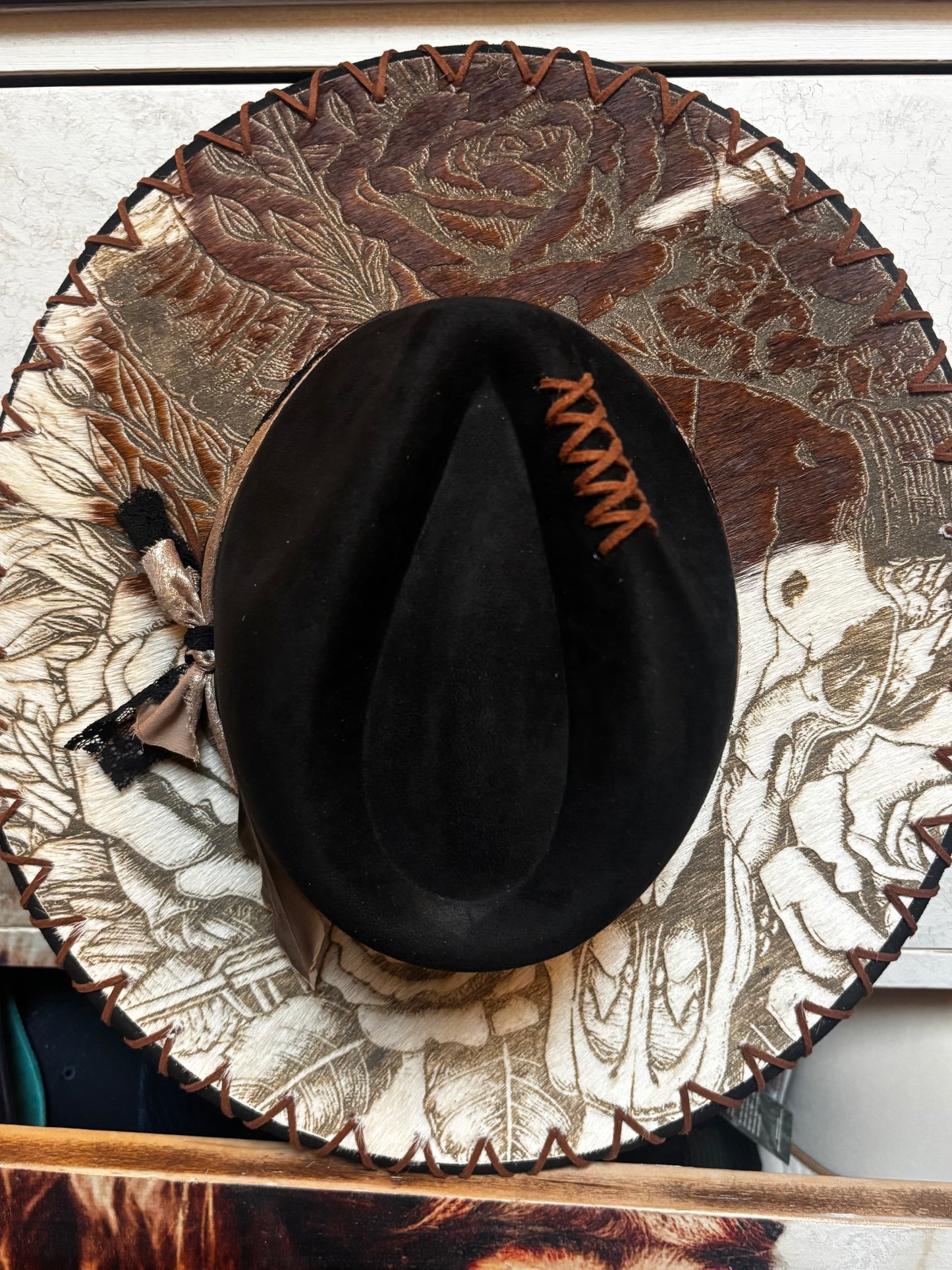Wide Brim Fedora Hat - Aztec Longhorn Skull-  Engraved Cowhide black rancher