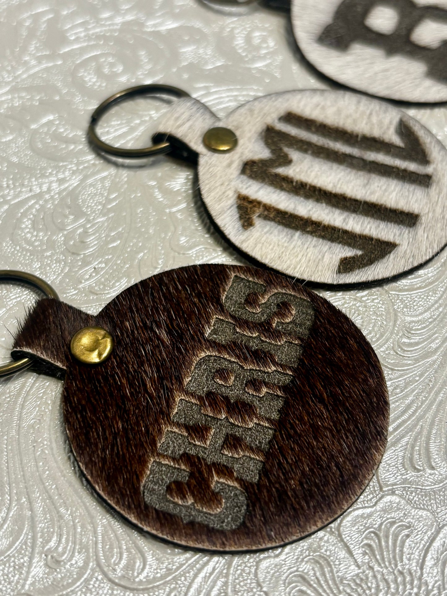 Custom engraved cowhide keychain