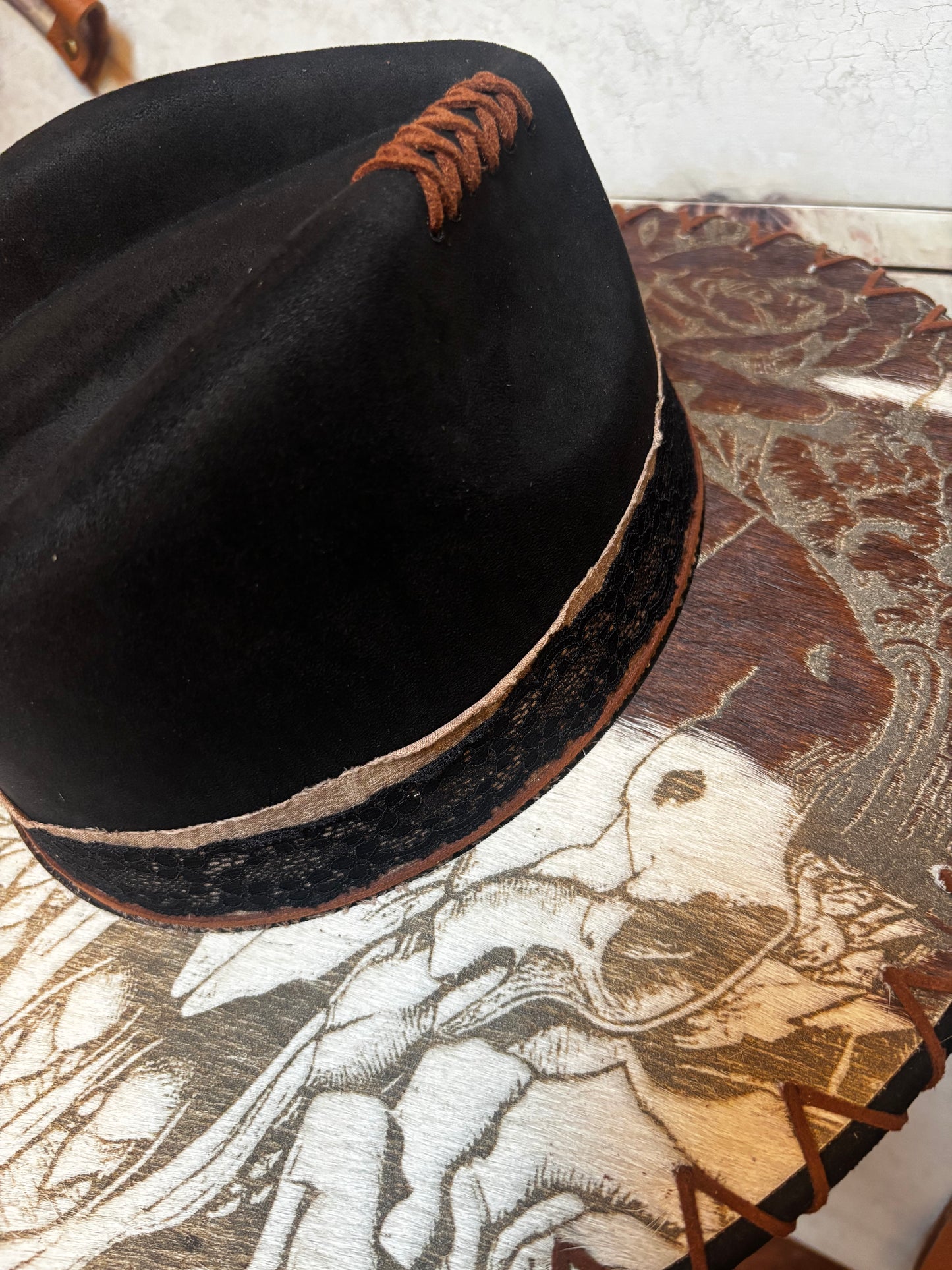 Wide Brim Fedora Hat - Aztec Longhorn Skull-  Engraved Cowhide black rancher