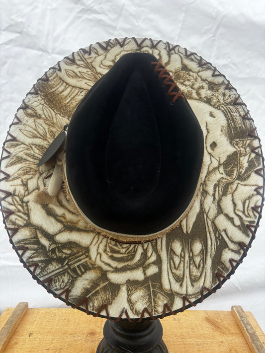 Wide Brim Fedora Hat - Aztec Longhorn Skull-  Engraved Cowhide black rancher