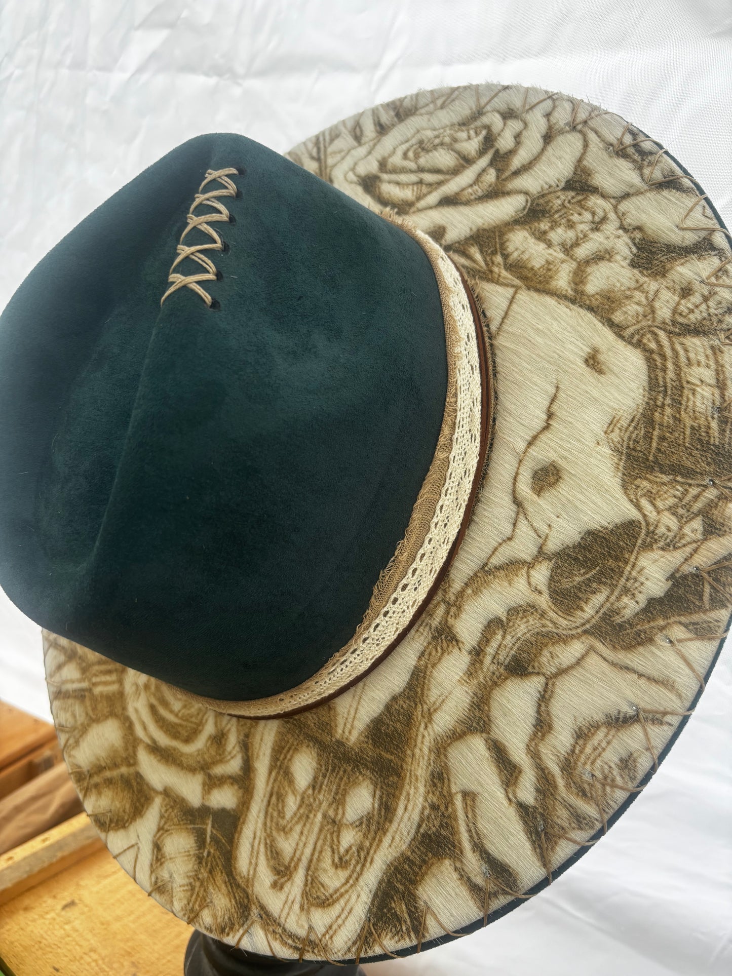 Wide Brim Fedora Hat - Aztec Longhorn Skull-  Engraved Cowhide Teal rancher