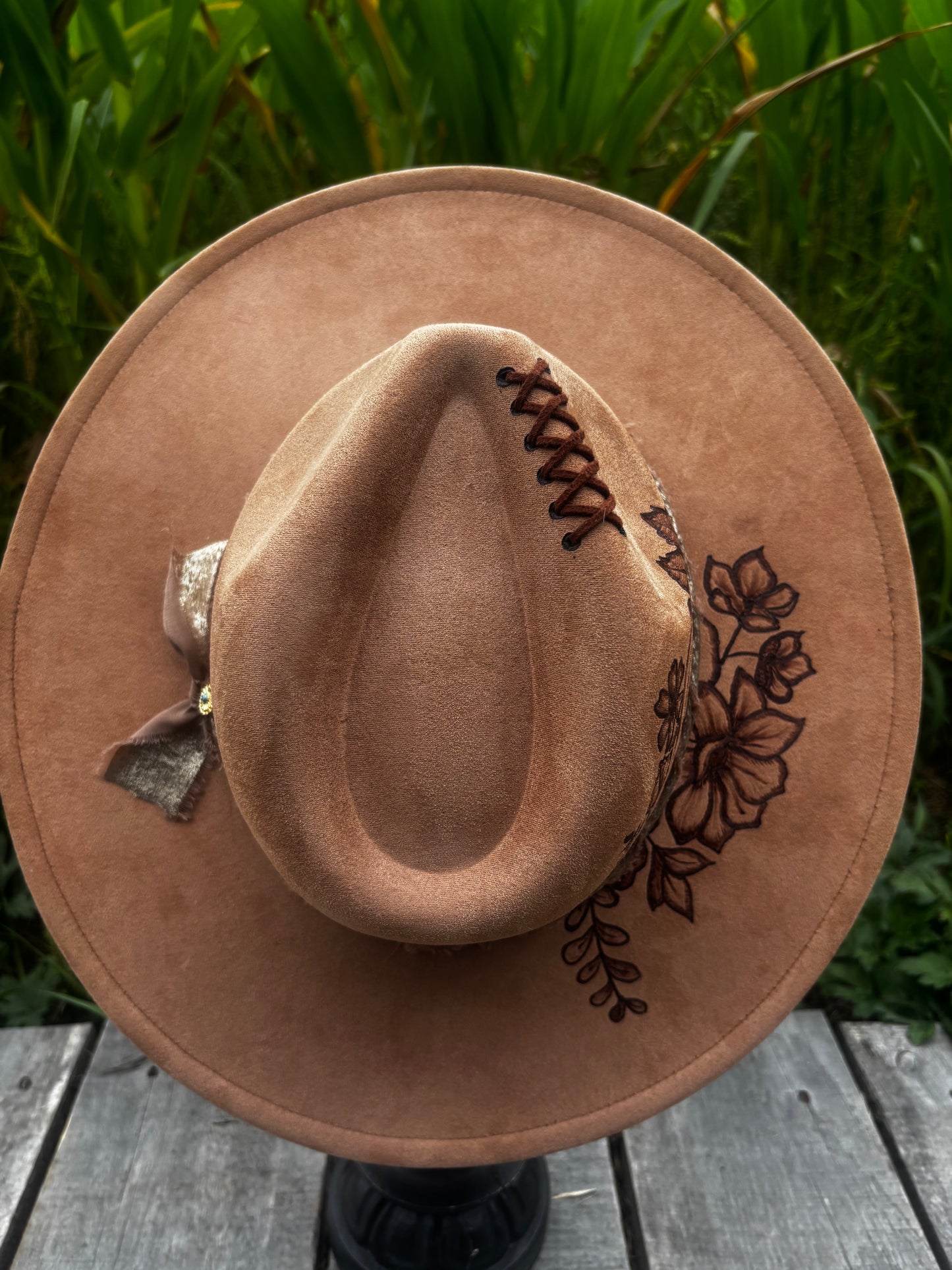 Floral Dream - hand burned wide brim fedora hat
