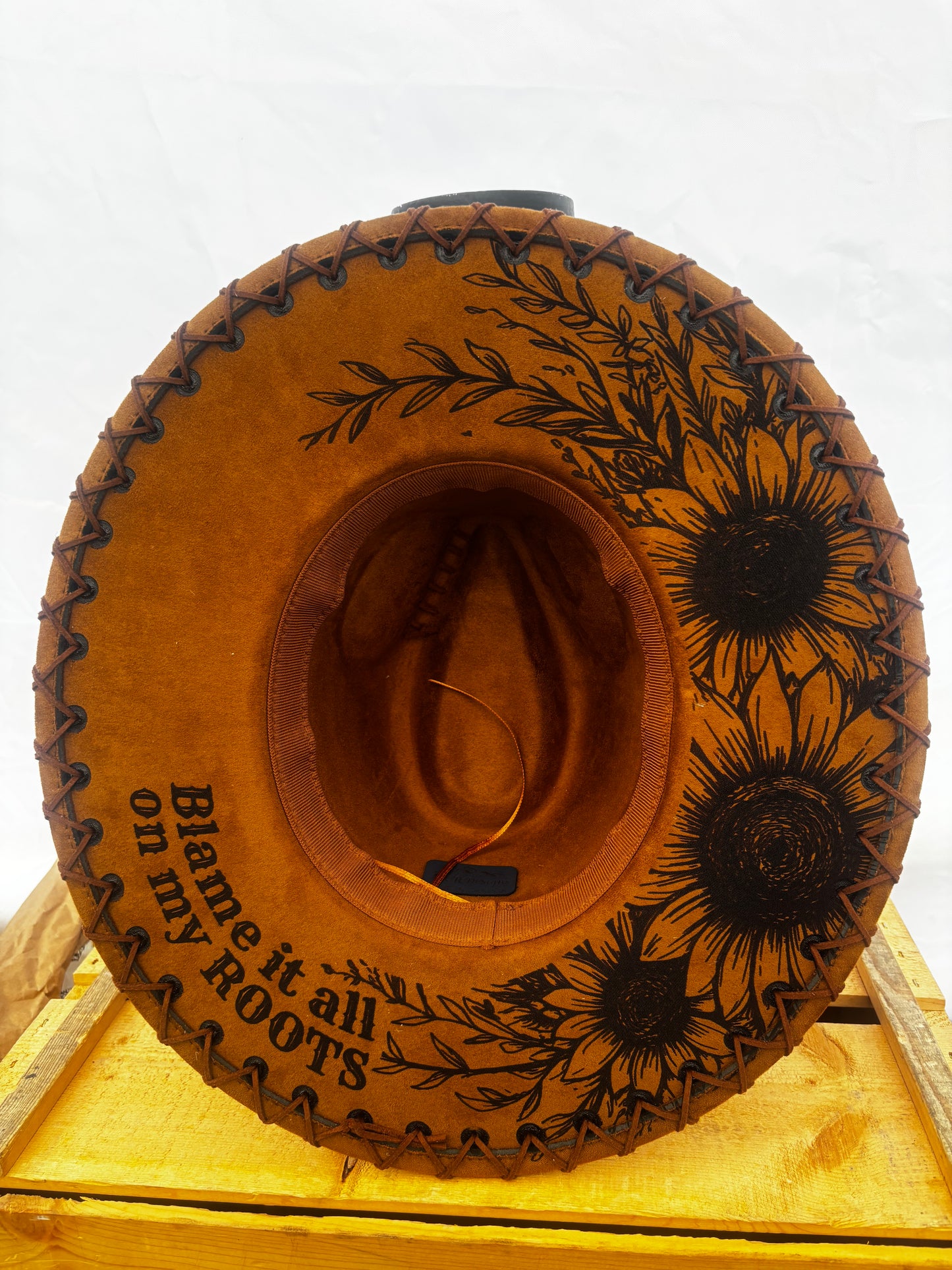 Wide Brim Fedora Hat - Blame it all on my Roots-  Engraved Cowhide