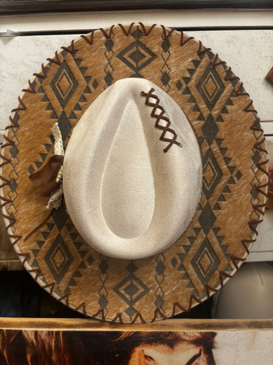 Wide Brim Fedora Hat - Aztec Longhorn Skull II -  Engraved Cowhide