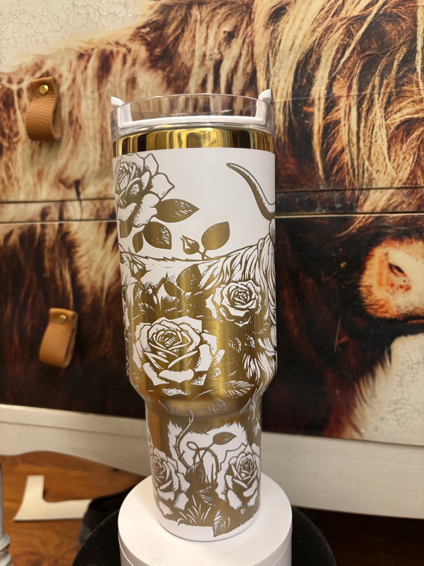Highland Cow- 40oz white/gold laser engraved Tumbler