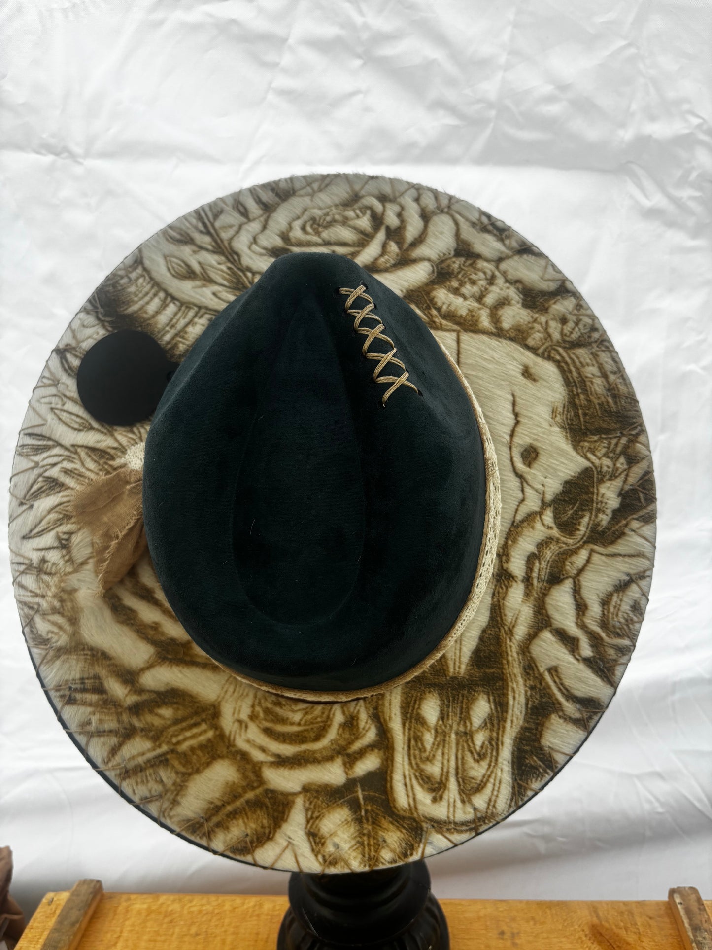 Wide Brim Fedora Hat - Aztec Longhorn Skull-  Engraved Cowhide Teal rancher
