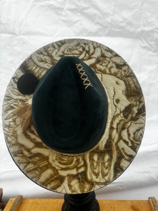 Wide Brim Fedora Hat - Aztec Longhorn Skull-  Engraved Cowhide Teal rancher