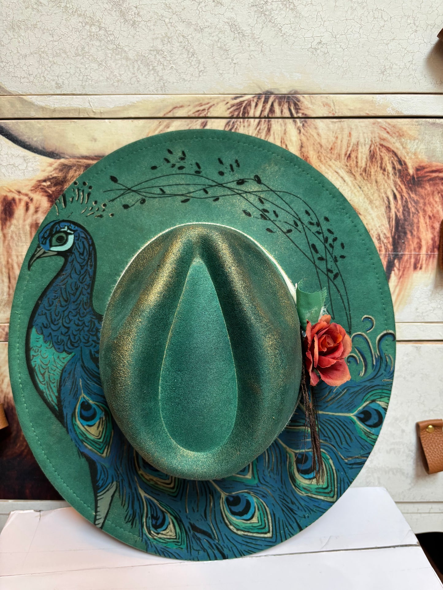 Peacock (hand painted) - wide brim fedora hat