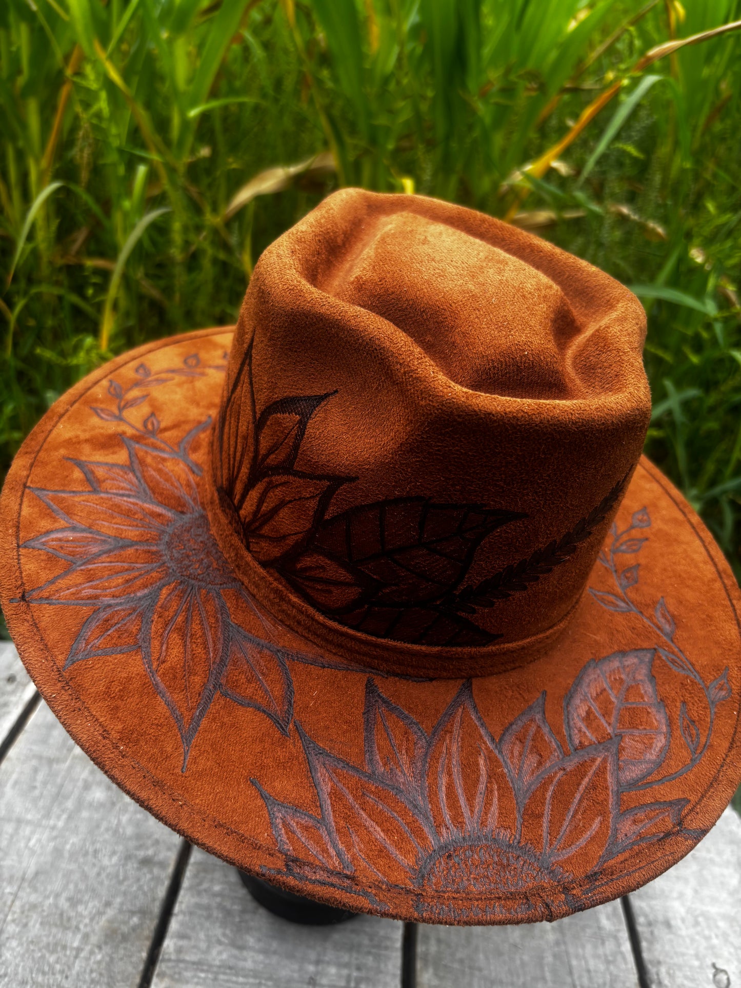 Prairie Bloom - hand burned wide brim fedora hat