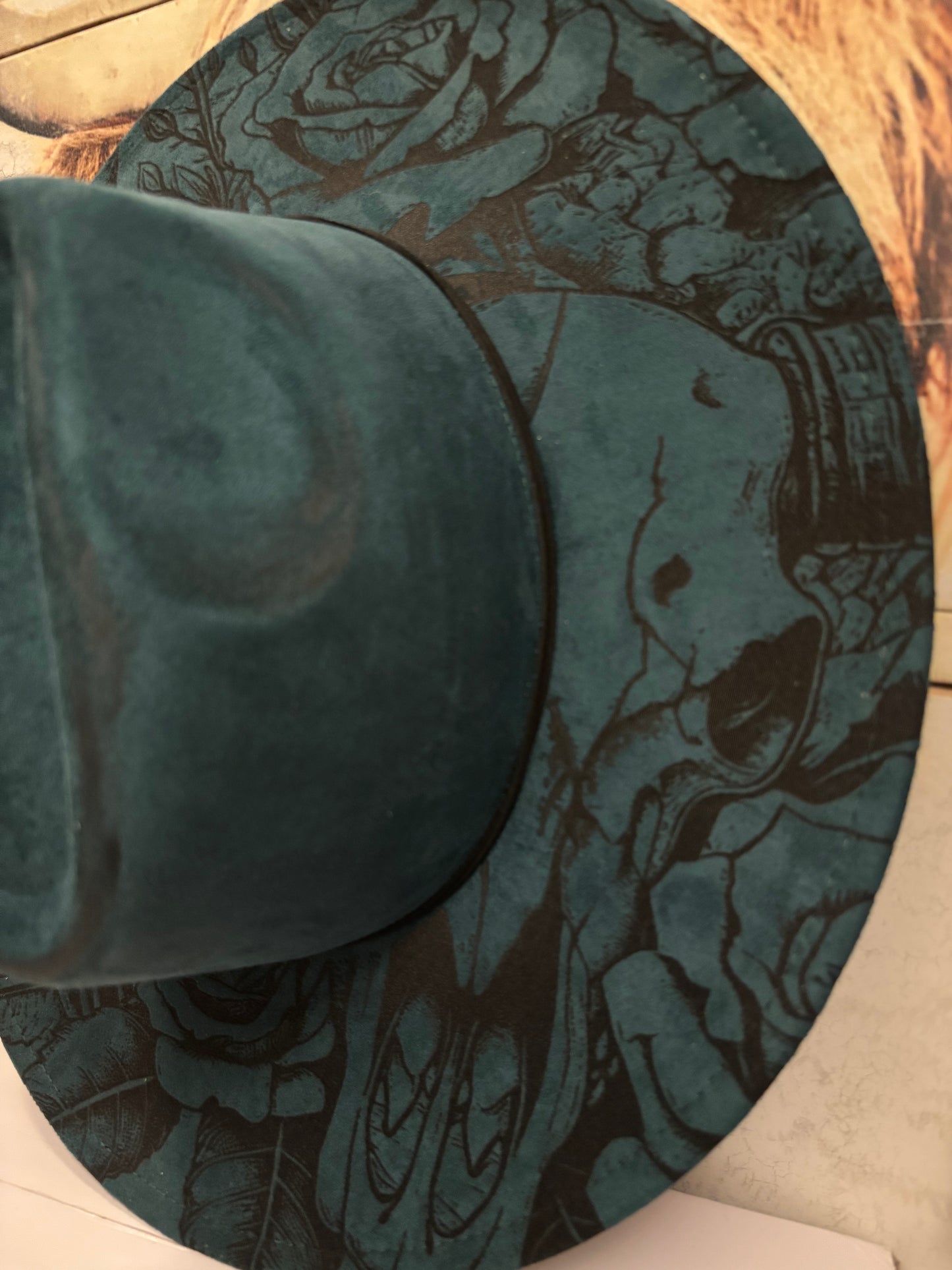 Reversed Aztec Longhorn Skull II- wide brim fedora hat