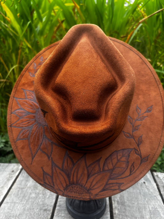 Prairie Bloom - hand burned wide brim fedora hat