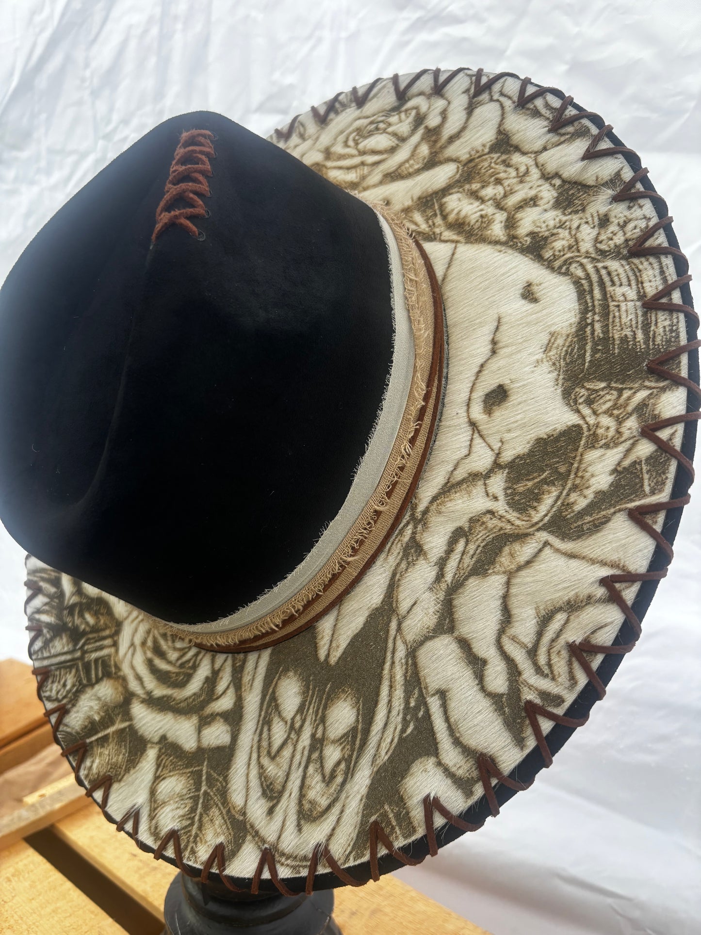 Wide Brim Fedora Hat - Aztec Longhorn Skull-  Engraved Cowhide black rancher