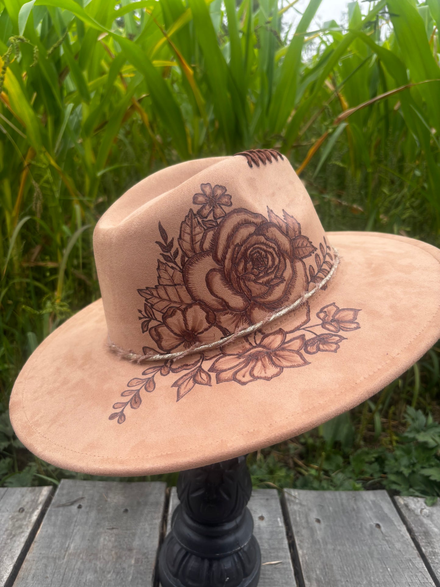 Floral Dream - hand burned wide brim fedora hat